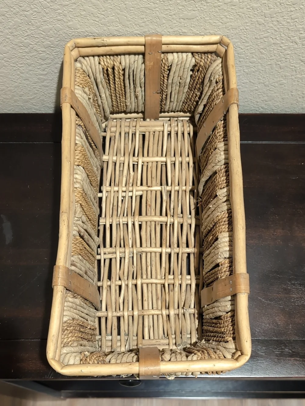 Vintage Mid-Century Handwoven Rectangular Basket - French Style - Bamboo Rattan
